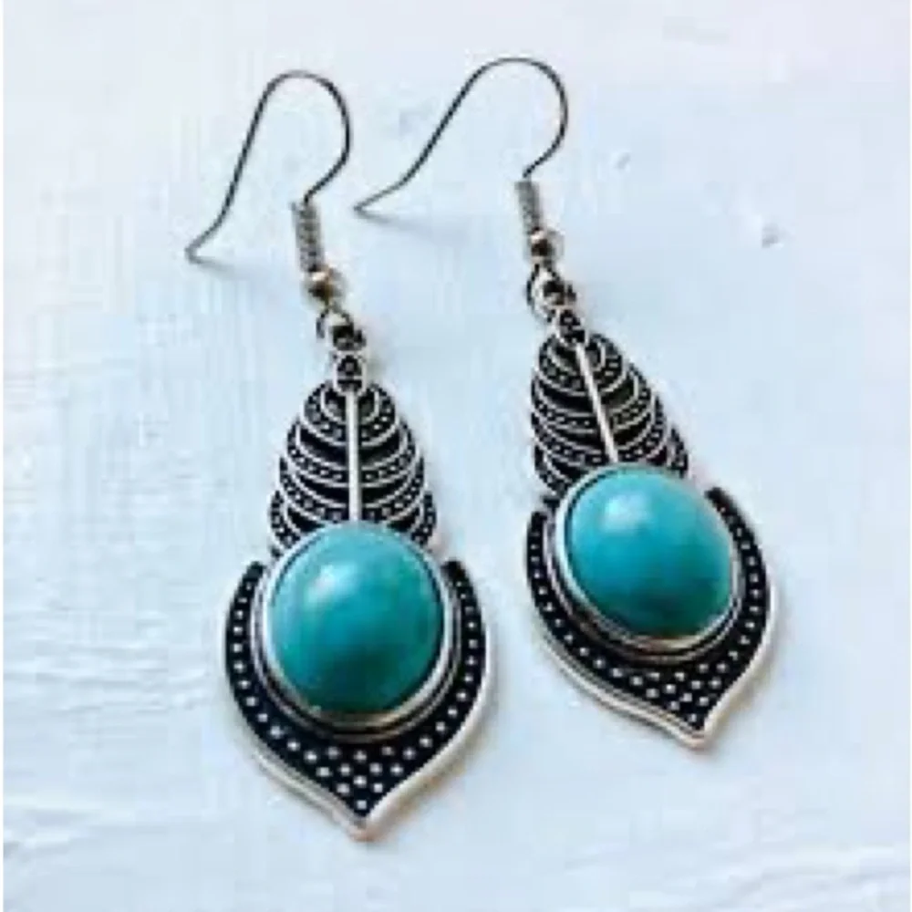 New Sterling Silver Native Ethnic Patina Floral Turquoise Handmade Earrings